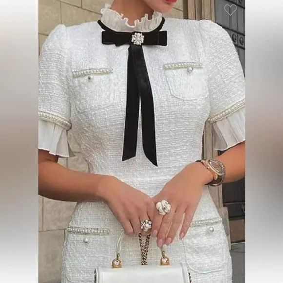 #261 “TWEED BOW KNOT LACE TRIM BODY CON DRESS” - Picture 2 of 3